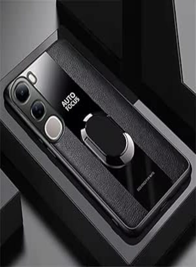 fascination case cover compatible with Vivo V40 lite Metal Ring Back Cover Luxury Leather Shell Silicone Shockproof Bumper for vivo v40 lite (Black)
